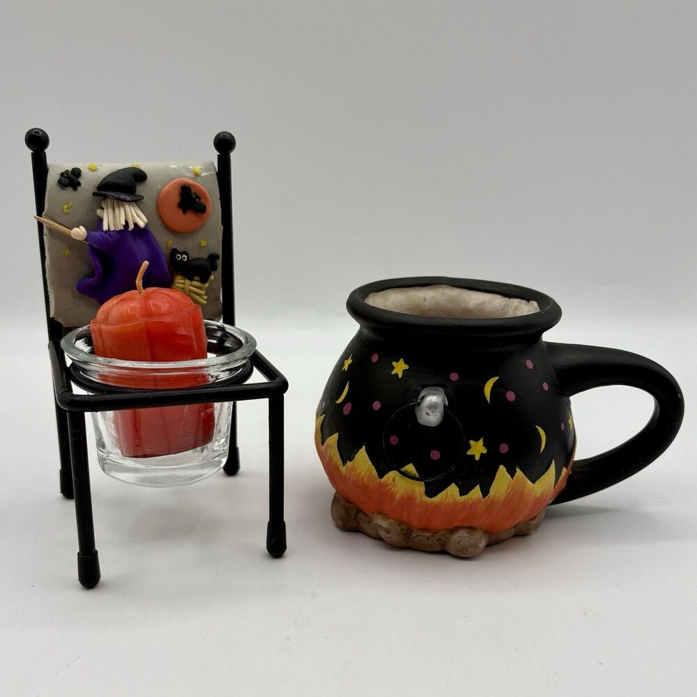 Ceramic Witch Cauldron Candle Halloween Mug & Chair Votive Holder Set Of 2